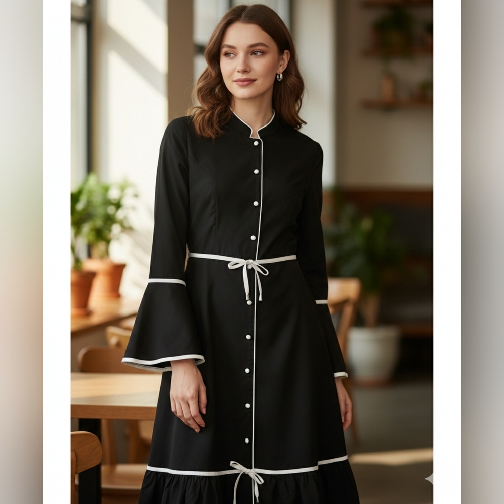Dress Twist And Jam Contrast Binding Flounce Sleeve Knot Front Ruffle Hem Dress